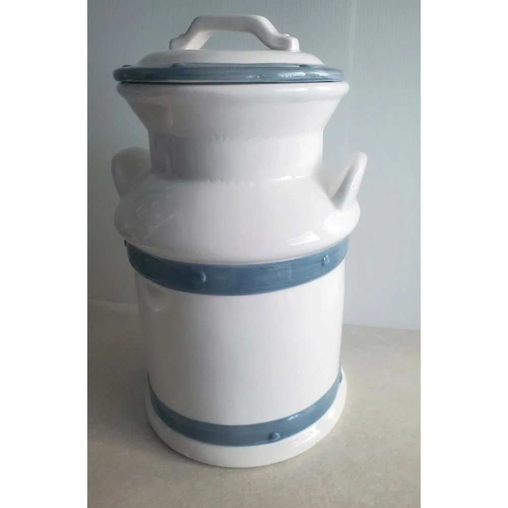 Jay Import Co Cookie Jar White Blue Heart Rose Milk Can Vintage Country Large
